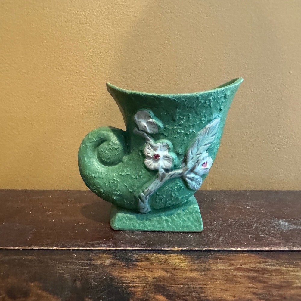 Roseville Pottery Cornucopia Vase Green Floral Blossom Vintage 754-4‎ 1/2 Art